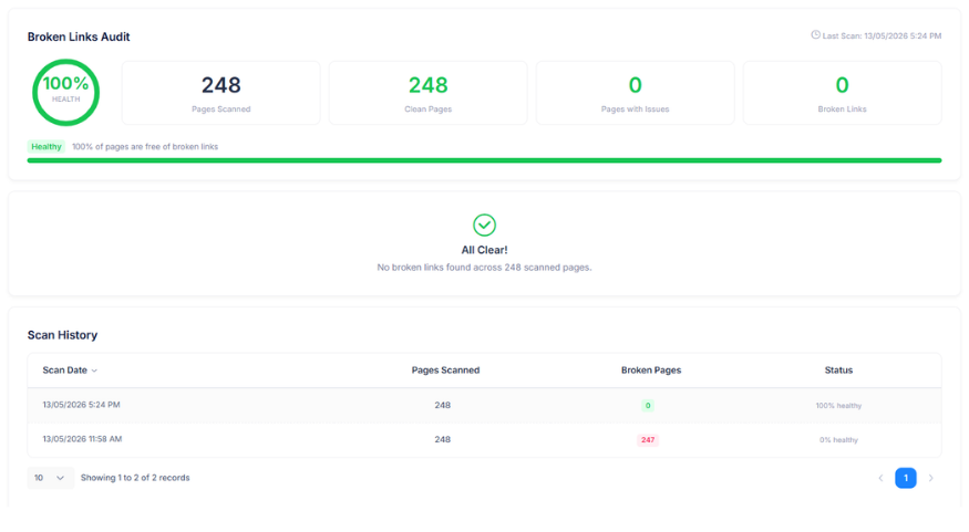 Broken links audit screen in the client dashboard