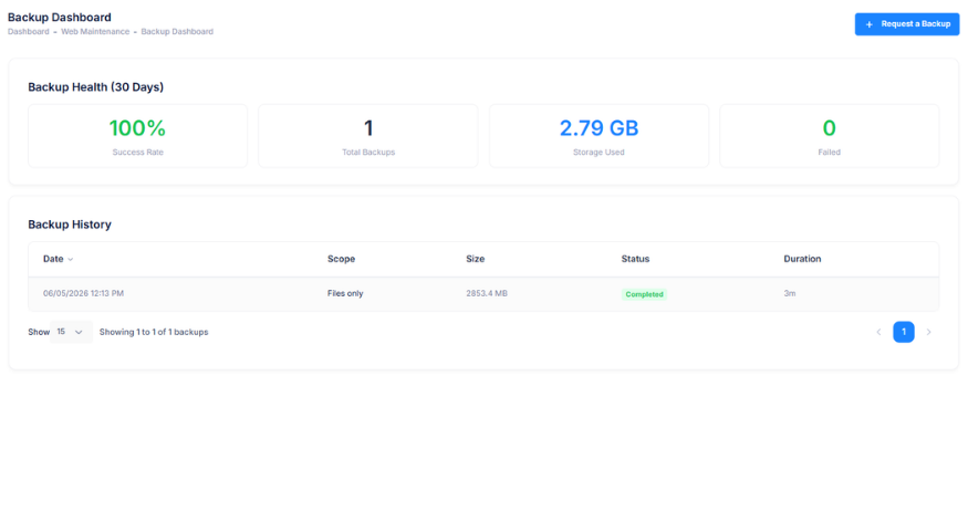 Backup vault screen in the client dashboard